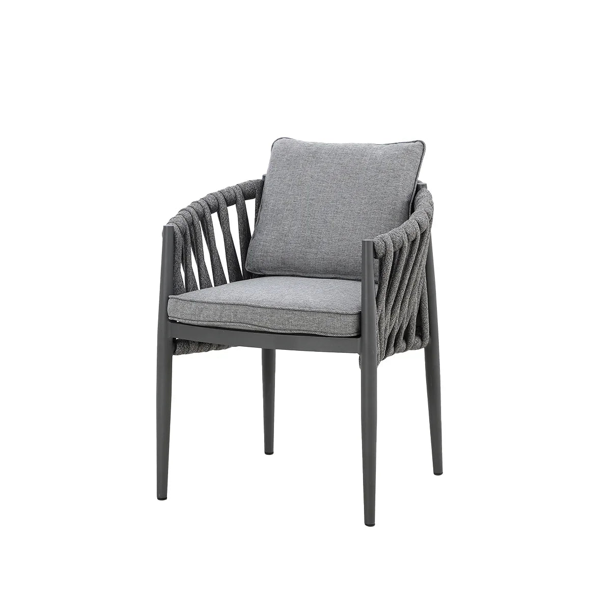 Grey rope dining chair with grey cushions and black metal legs, front angle view