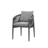 Grey rope dining chair with grey cushions and black metal legs, front angle view