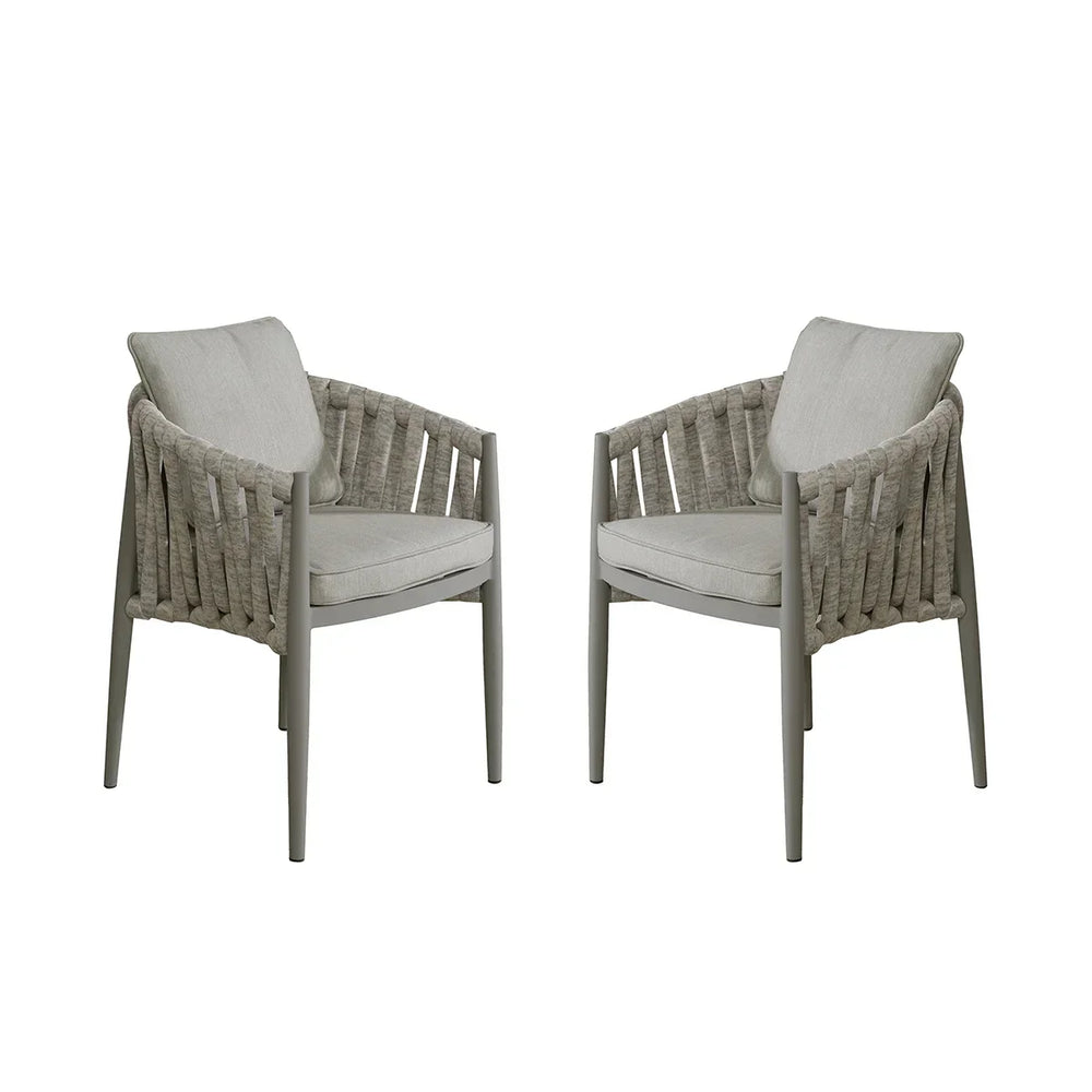 Pair of grey rope dining chairs with cushioned seats and backs on white background