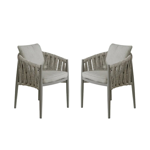 Pair of grey rope dining chairs with cushioned seats and backs on white background