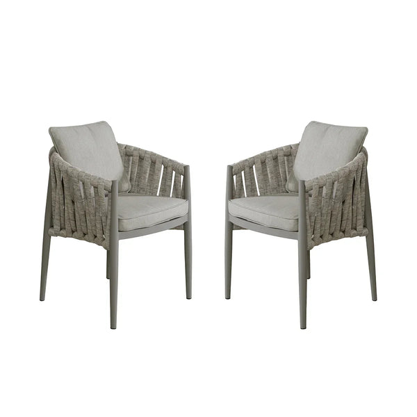 Pair of grey rope dining chairs with cushioned seats and backs on white background