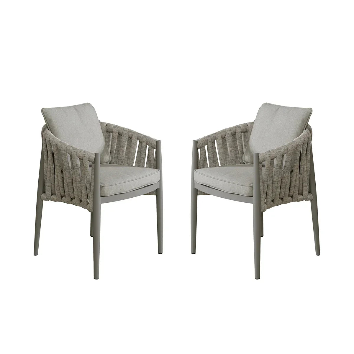 Pair of grey rope dining chairs with cushioned seats and backs on white background