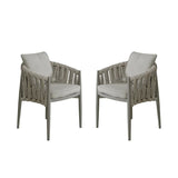 Pair of grey rope dining chairs with cushioned seats and backs on white background