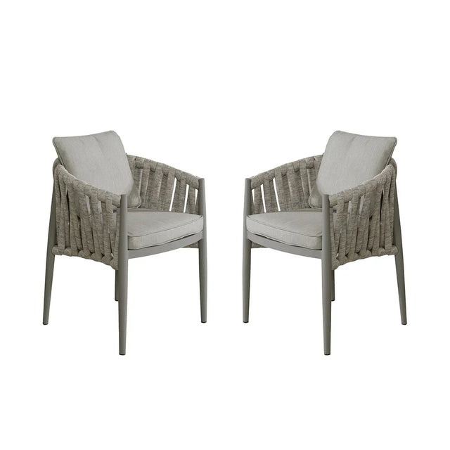Pair of grey rope dining chairs with cushioned seats and backs on white background