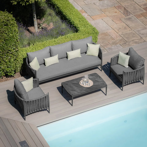Grey outdoor sofa set with coffee table and cushions by pool on decking