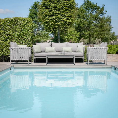 Grey outdoor sofa set with coffee table beside swimming pool in garden setting