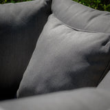 Closeup of dark grey fabric sofa cushions with textured upholstery