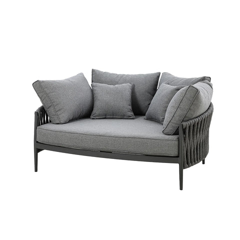 Grey fabric loveseat with rope-wrapped sides and five matching scatter cushions