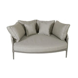 Light grey fabric sofa loveseat with curved back and four matching cushions, front view