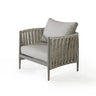 Grey rope accent armchair with cushions and metal frame, angled side view