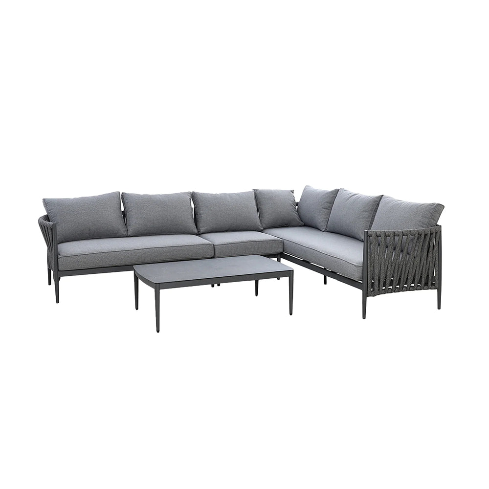 Grey outdoor corner sofa set with rope side detail and matching rectangular coffee table