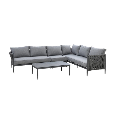 Grey outdoor corner sofa set with rope side detail and matching rectangular coffee table