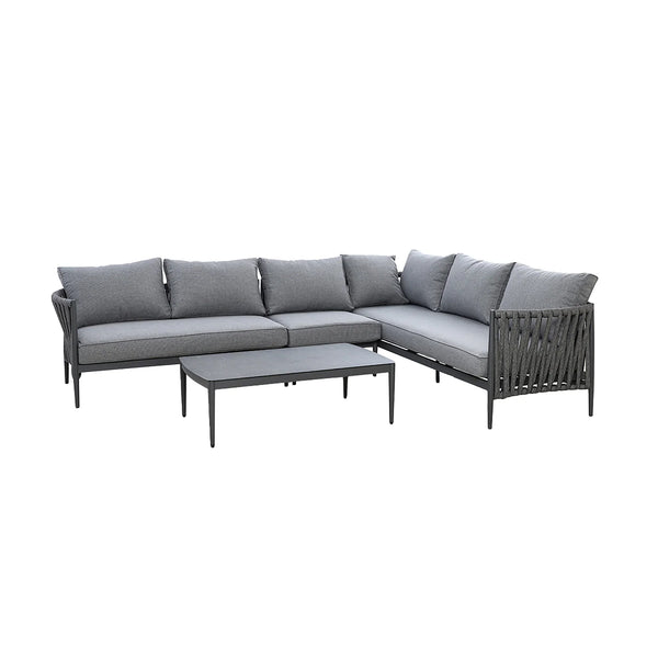 Grey outdoor corner sofa set with rope side detail and matching rectangular coffee table