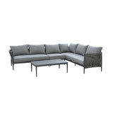 Grey outdoor corner sofa set with rope side detail and matching rectangular coffee table