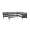 Grey outdoor corner sofa set with rope side detail and matching rectangular coffee table