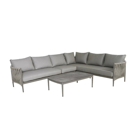 Grey corner outdoor sofa set with rope arm detail and matching rectangular coffee table