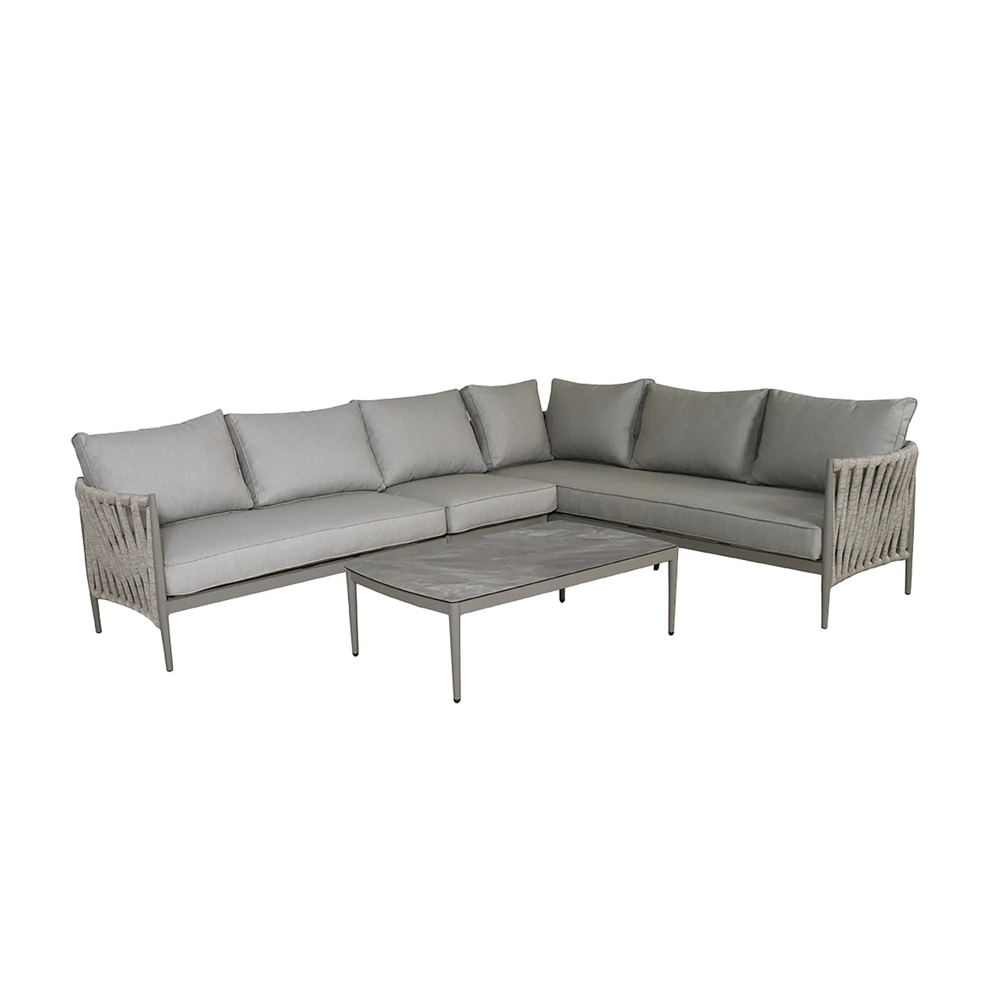 Grey corner outdoor sofa set with rope arm detail and matching rectangular coffee table