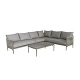 Grey corner outdoor sofa set with rope arm detail and matching rectangular coffee table