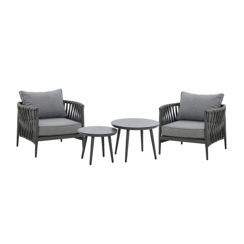 Grey rope armchair garden set with two round tables and cushions on white background