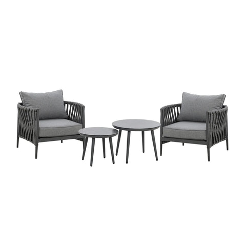 Grey rope armchair garden set with two round tables and cushions on white background