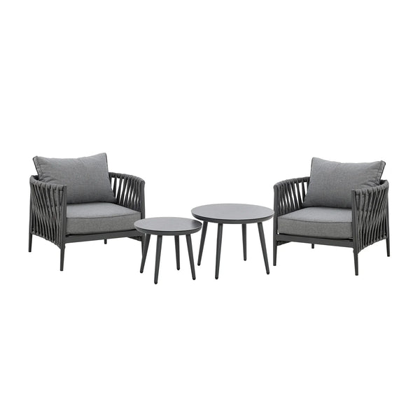 Grey rope armchair garden set with two round tables and cushions on white background