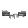 Grey rope armchair garden set with two round tables and cushions on white background
