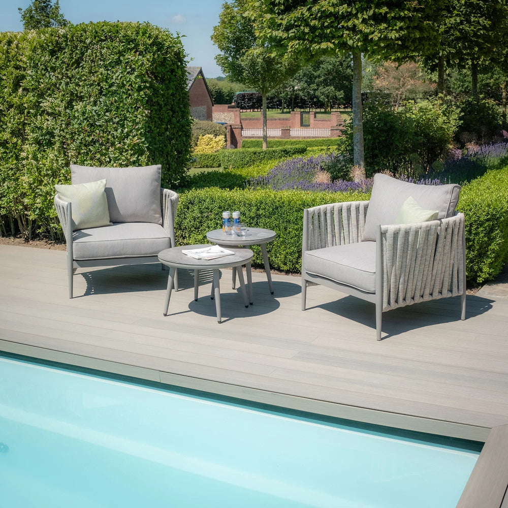 Outdoor garden furniture set with two grey lounge chairs and tables by poolside