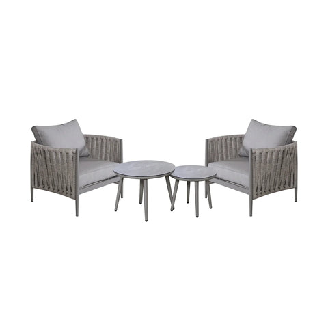 Grey garden lounge chair set with rope arms and two round nesting outdoor tables