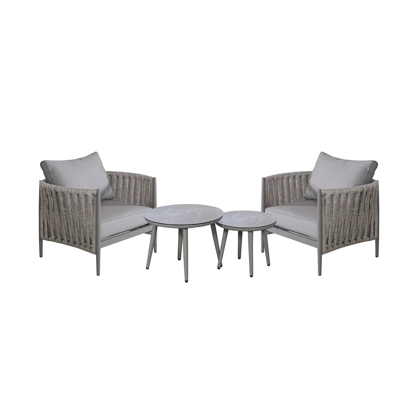 Grey garden lounge chair set with rope arms and two round nesting outdoor tables