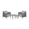 Grey garden lounge chair set with rope arms and two round nesting outdoor tables