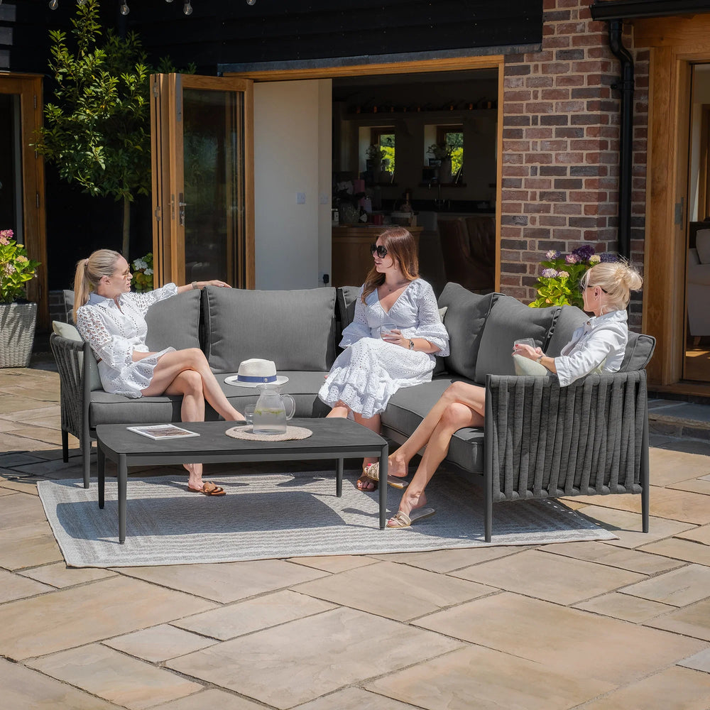 Grey outdoor corner sofa set with coffee table and three women relaxing on patio