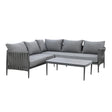 Grey outdoor corner sofa set with rope detailing and matching coffee table on white background