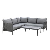 Grey outdoor corner sofa set with rope detailing and matching coffee table on white background
