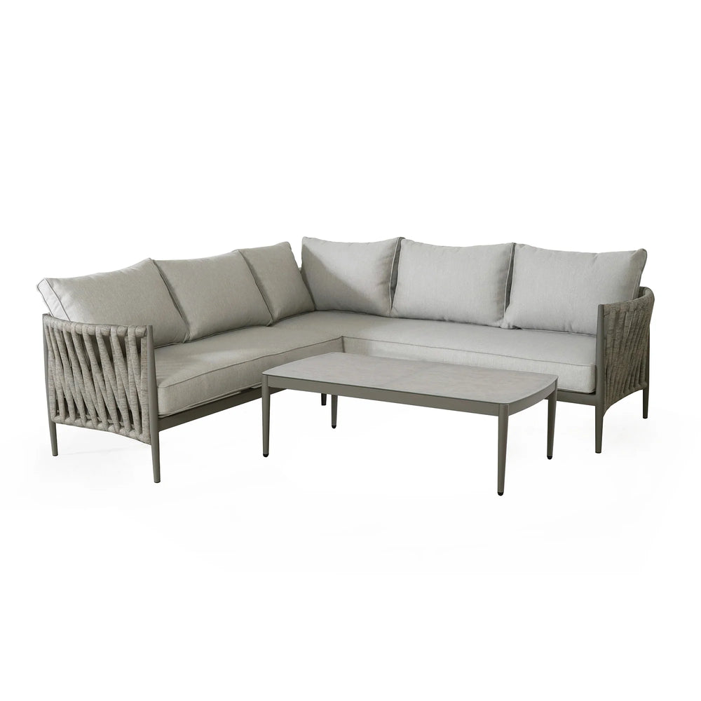 Grey corner sofa set with rope detailing and matching rectangular coffee table