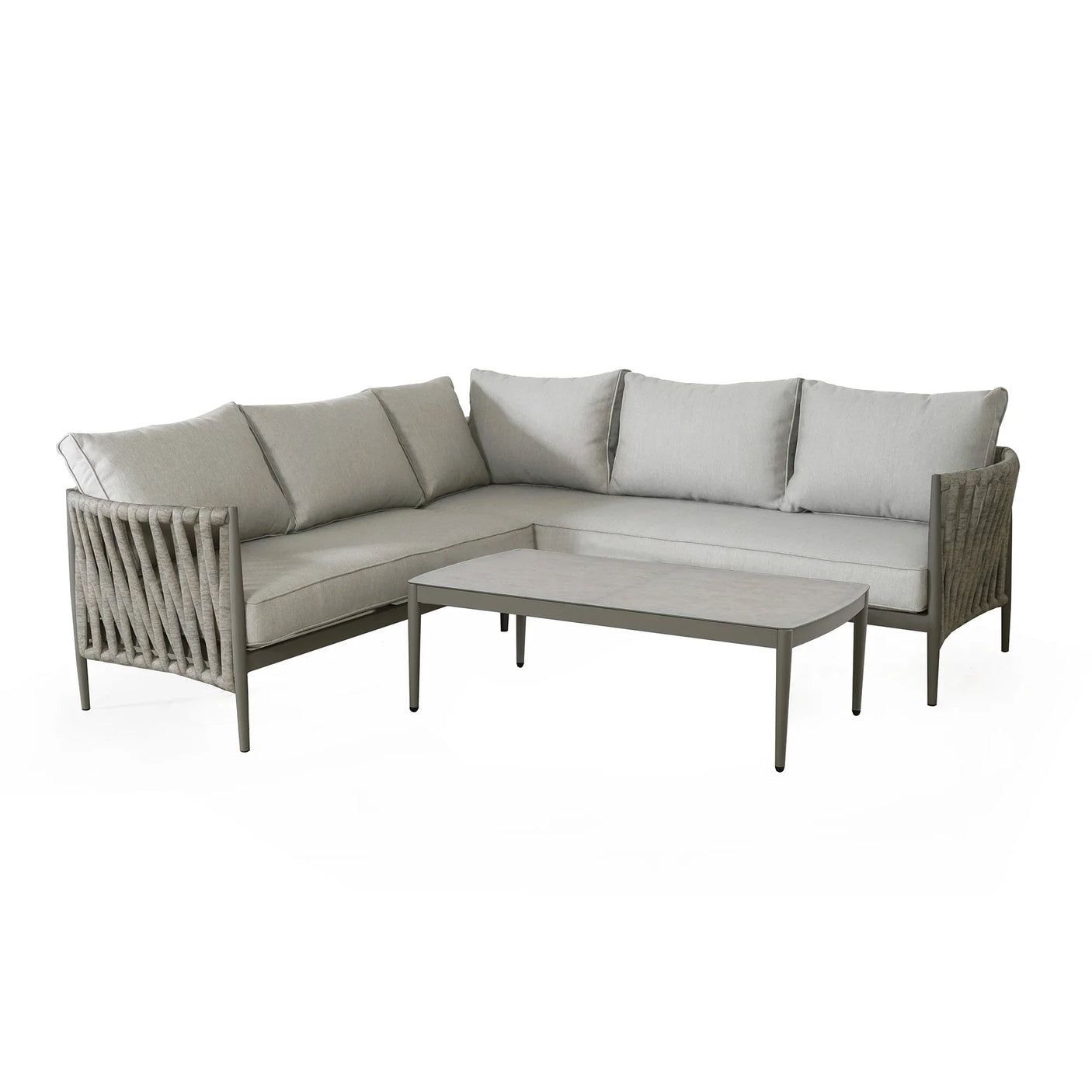 Grey corner sofa set with rope detailing and matching rectangular coffee table