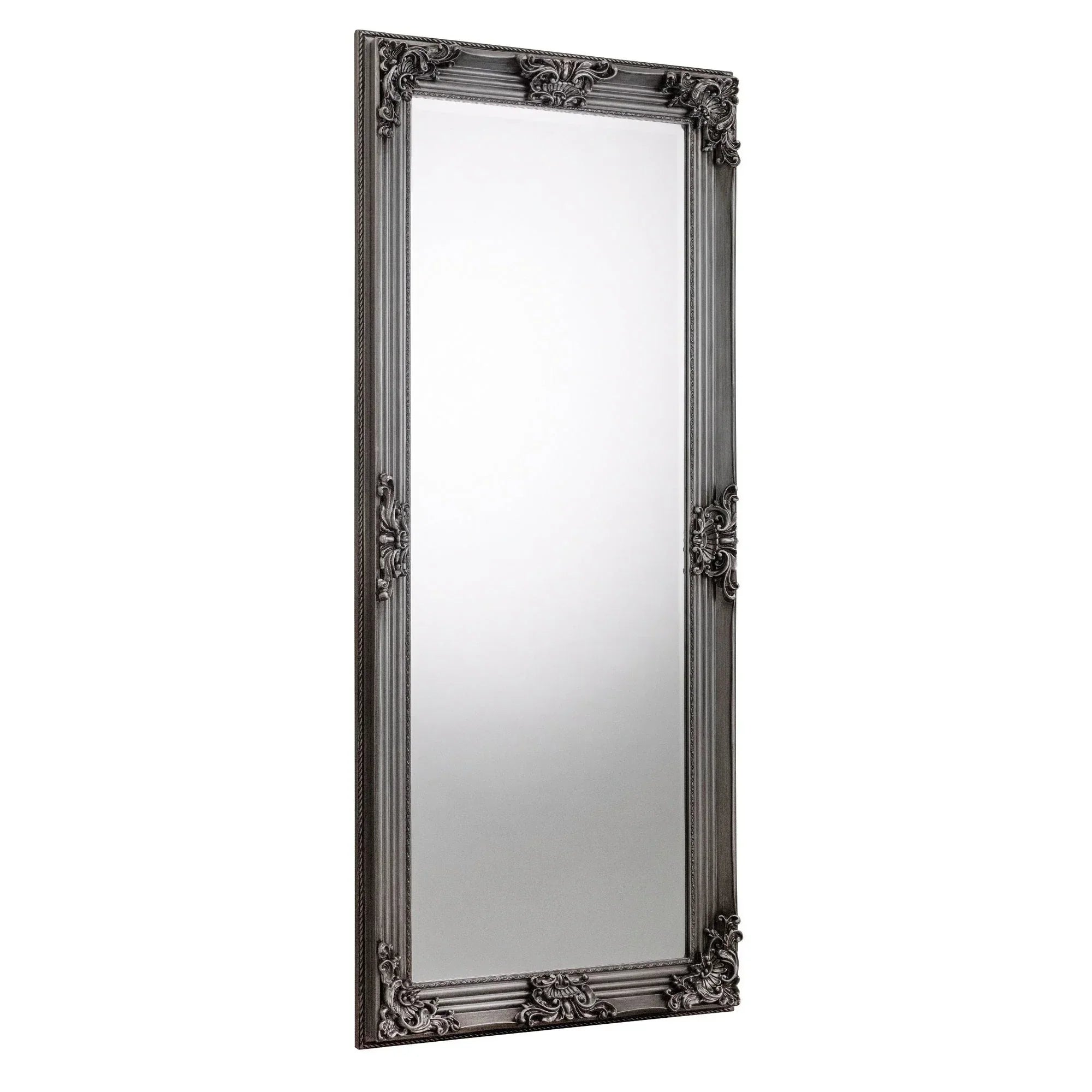 Rococo pewter dress mirror with ornate rectangular frame and decorative corner detailing