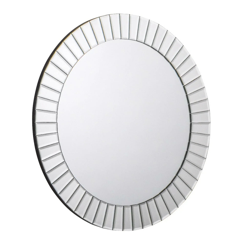 Round wall mirror with bevelled geometric frame and clear glass design