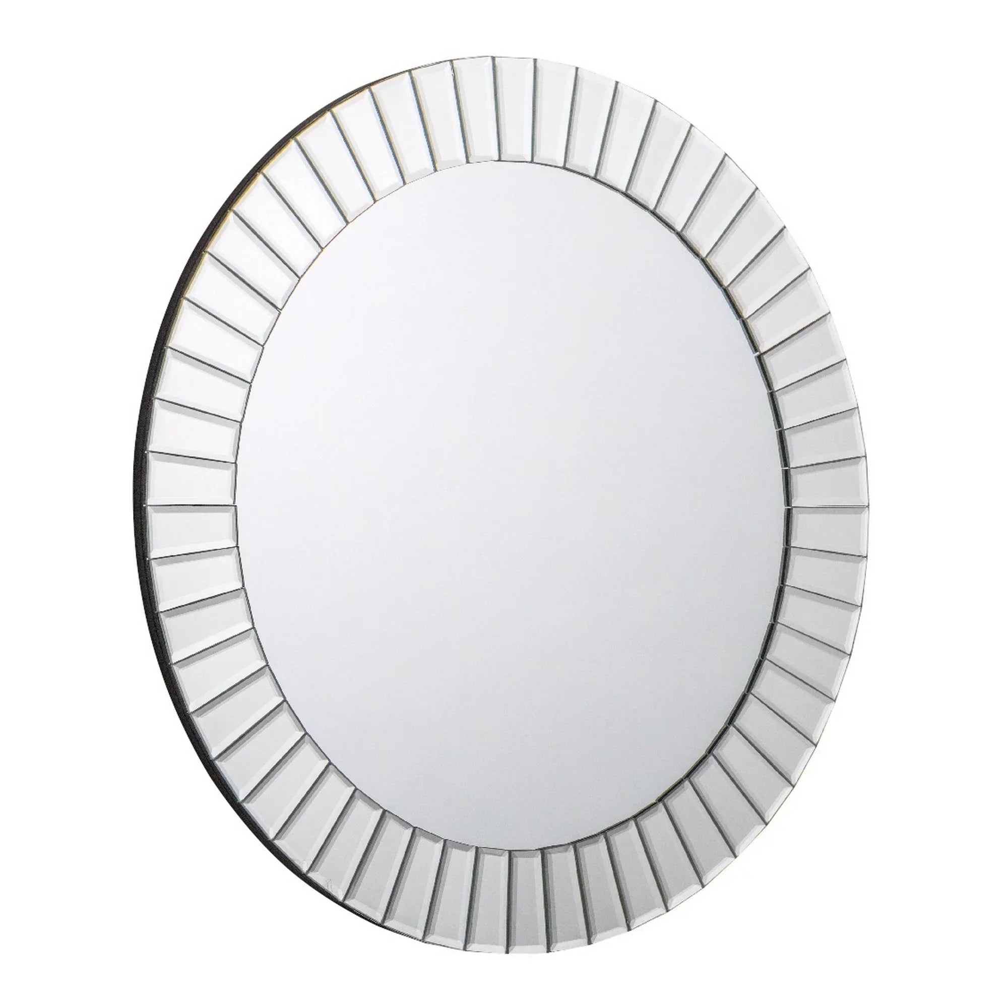 Round wall mirror with bevelled geometric frame and clear glass design