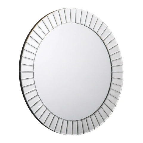 Round wall mirror with bevelled geometric frame and clear glass design