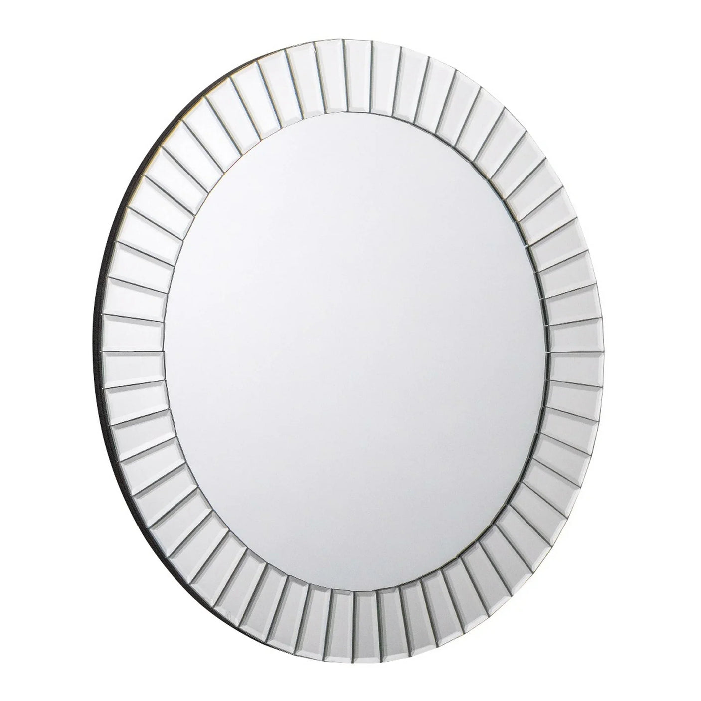 Round wall mirror with bevelled geometric frame and clear glass design