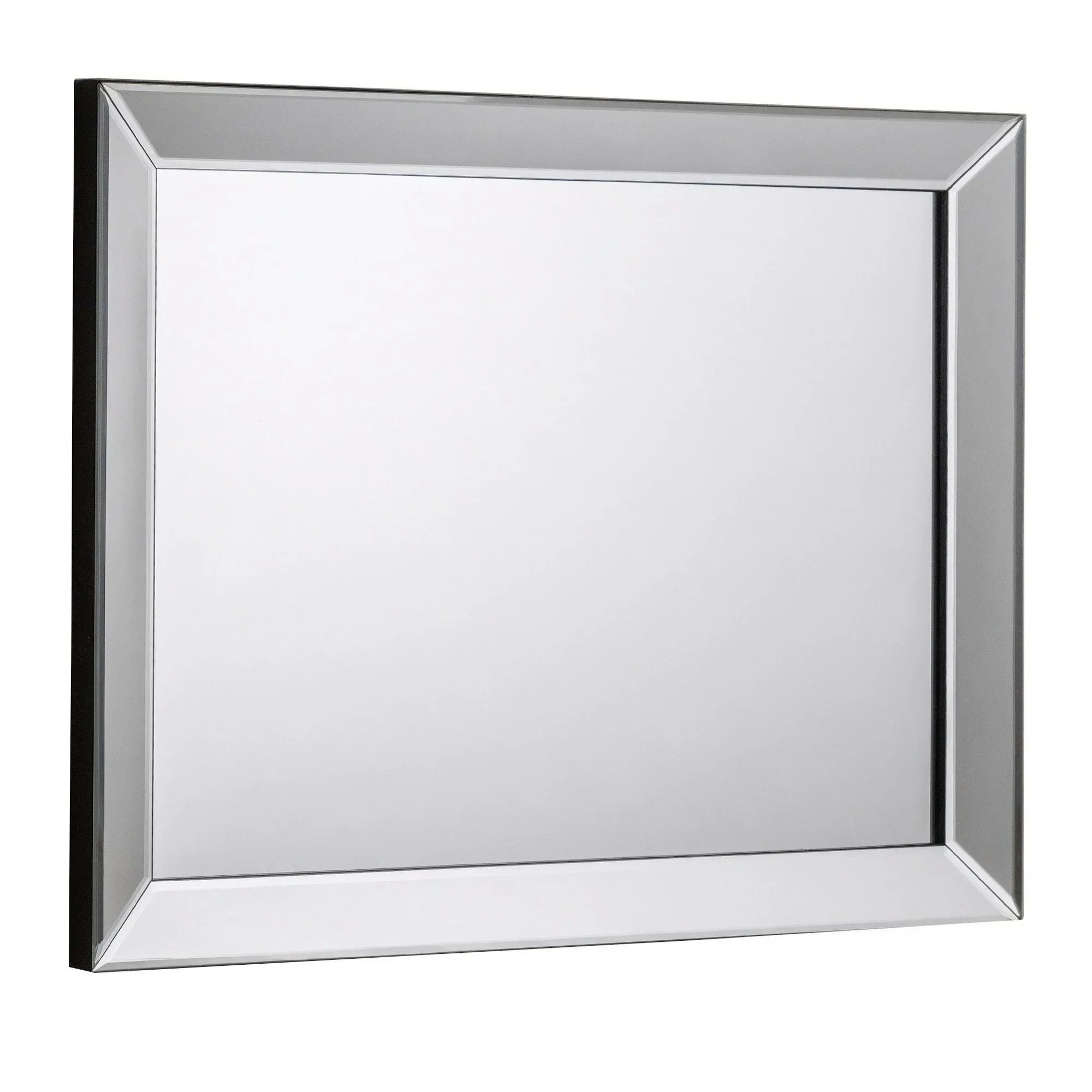 Soprano wall mirror with beveled glass frame shown from angle