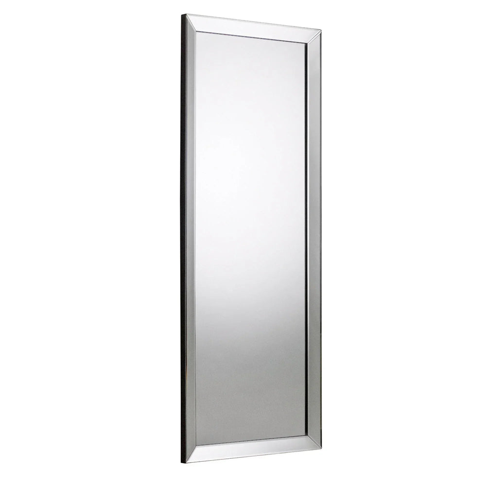 rectangular dress mirror with beveled glass frame shown at angle against white background