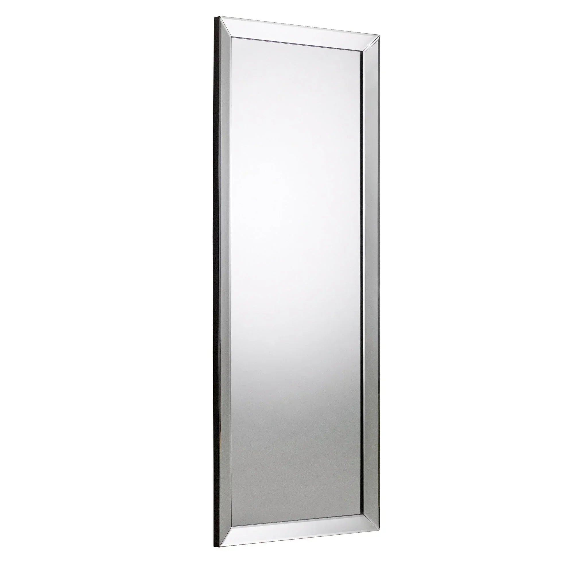 rectangular dress mirror with beveled glass frame shown at angle against white background