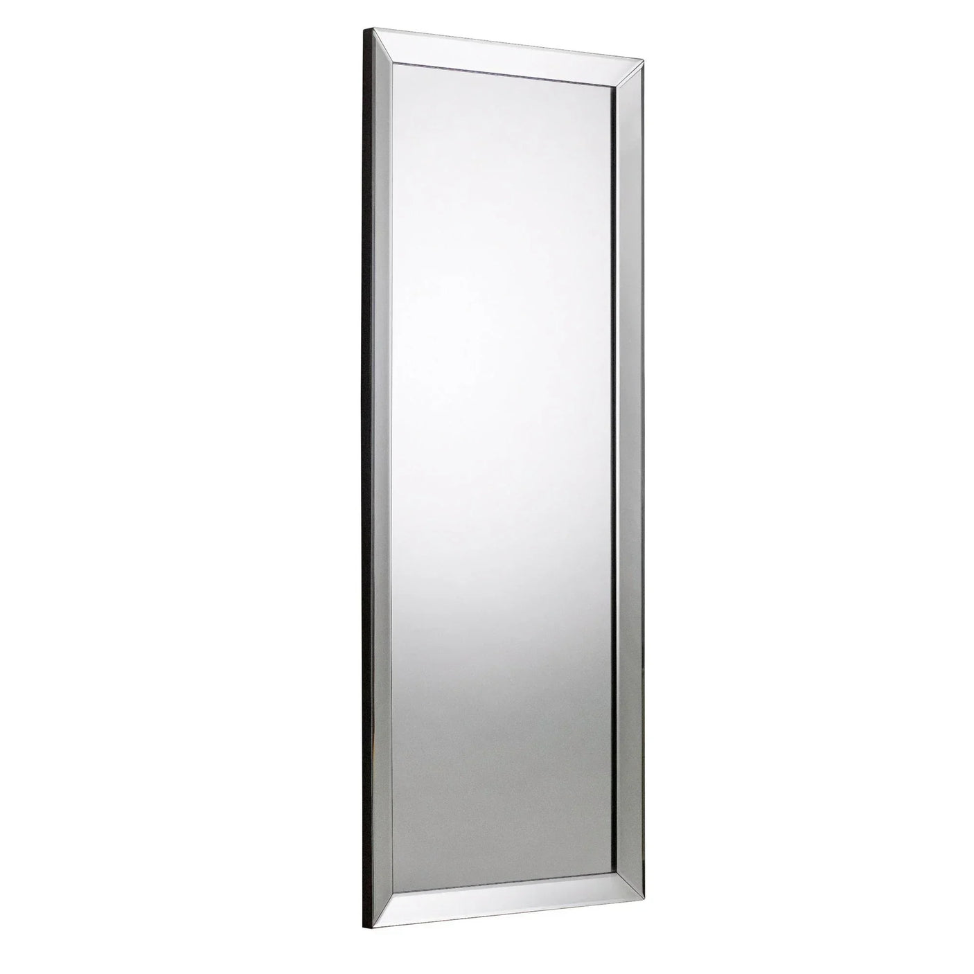 rectangular dress mirror with beveled glass frame shown at angle against white background