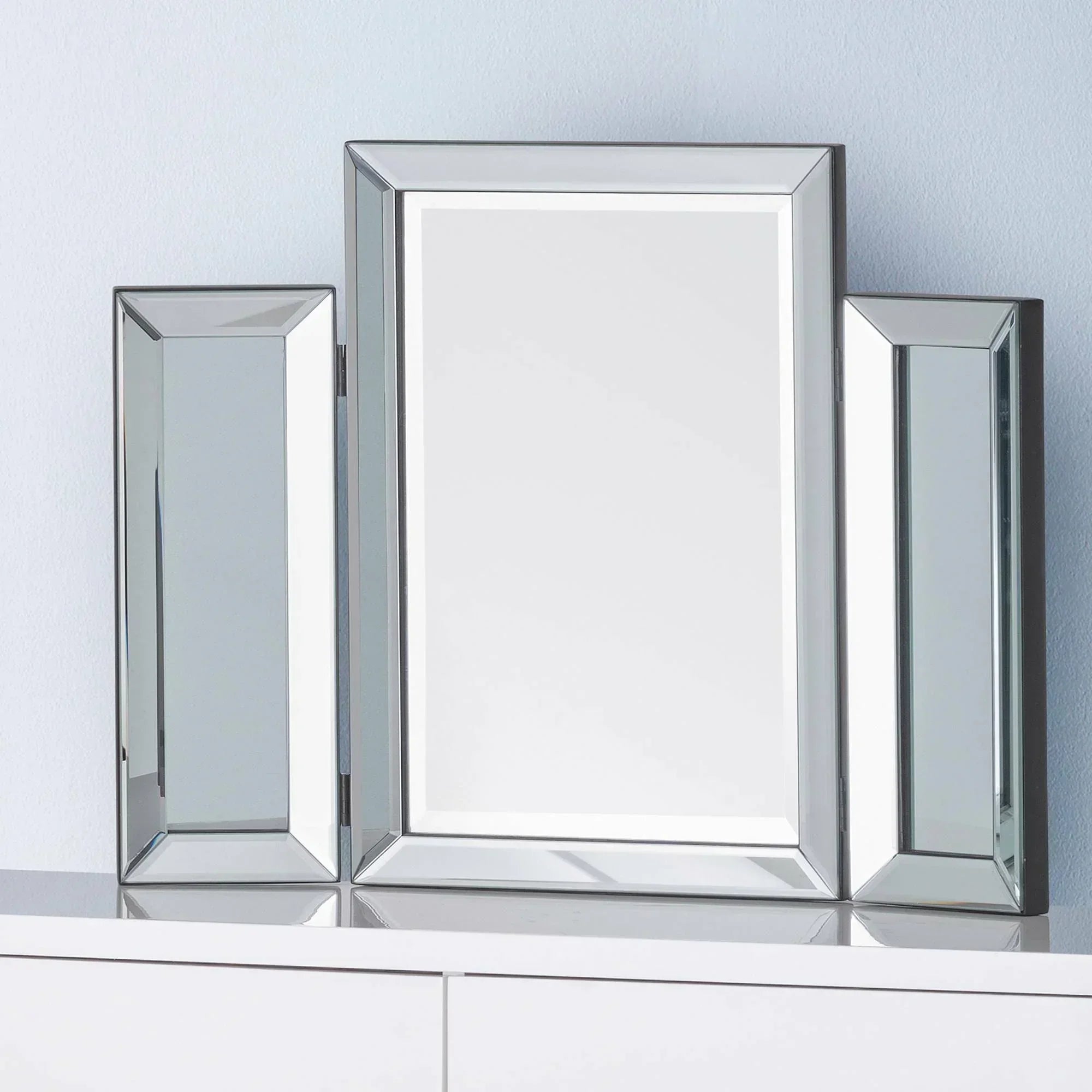 Soprano folding dressing table mirror with beveled glass panels on white surface