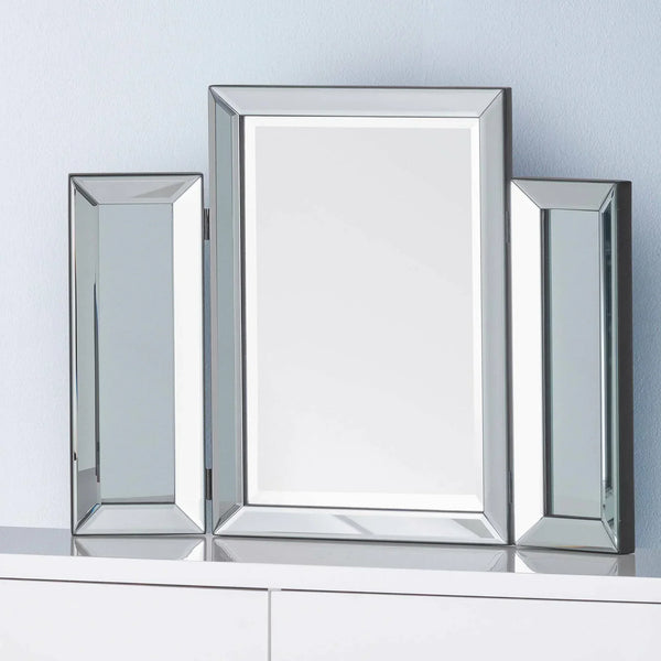 Soprano folding dressing table mirror with beveled glass panels on white surface