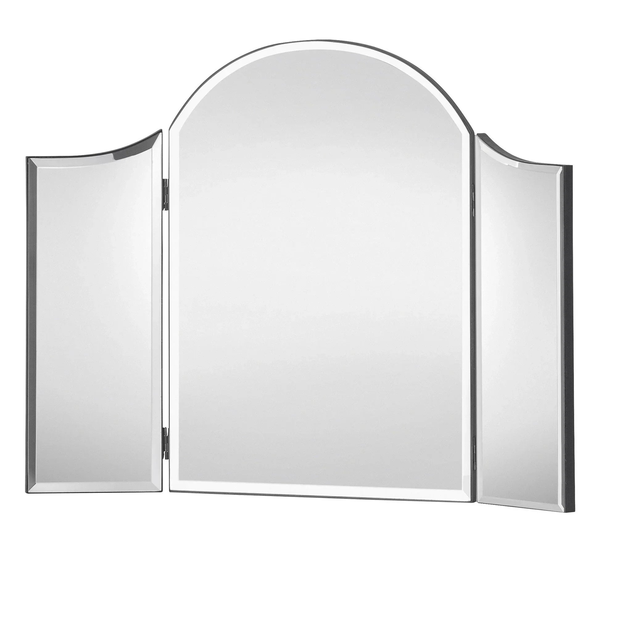 Curved dressing table mirror with three panels and beveled edges against white background
