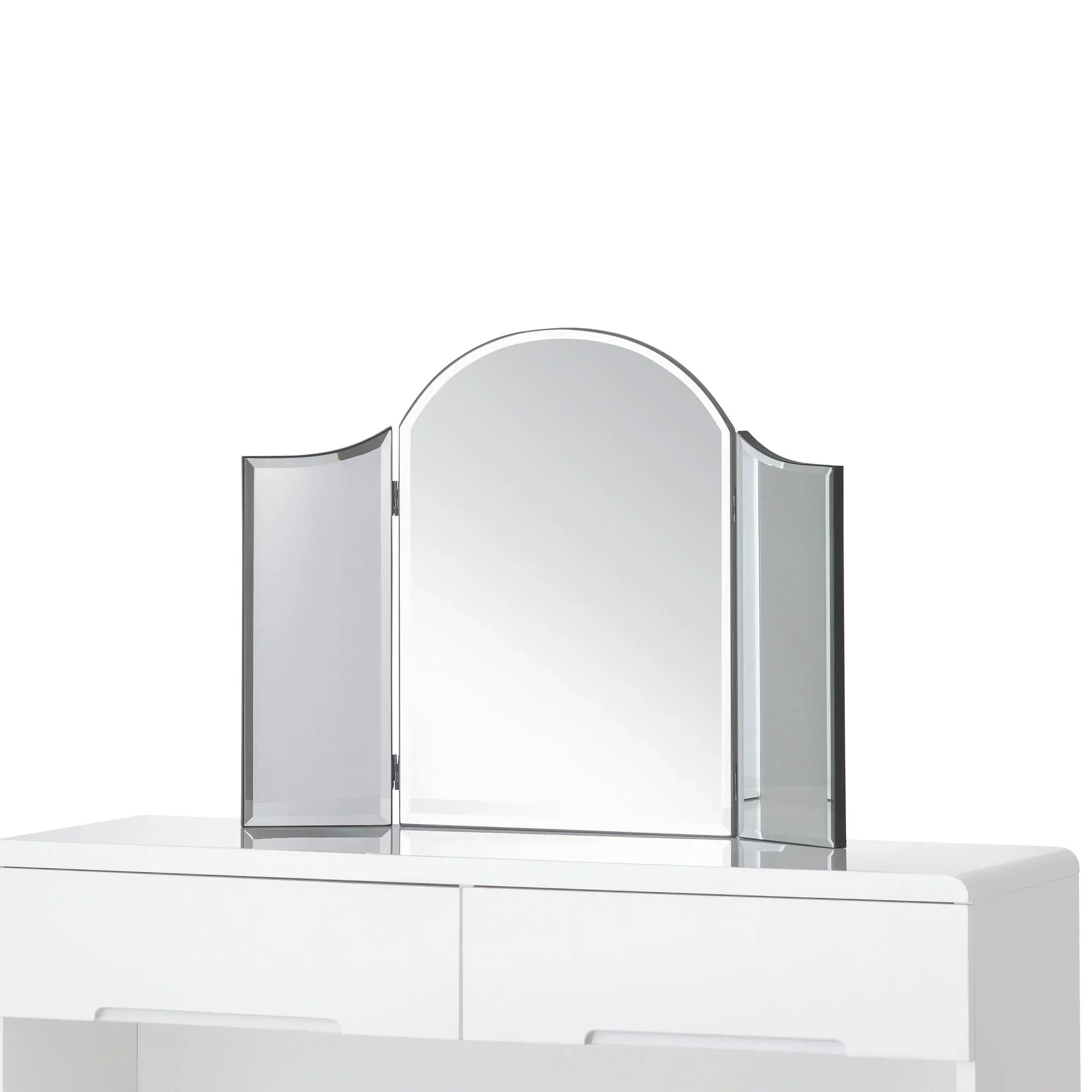Curved dressing table mirror with three glass panels on a white vanity unit