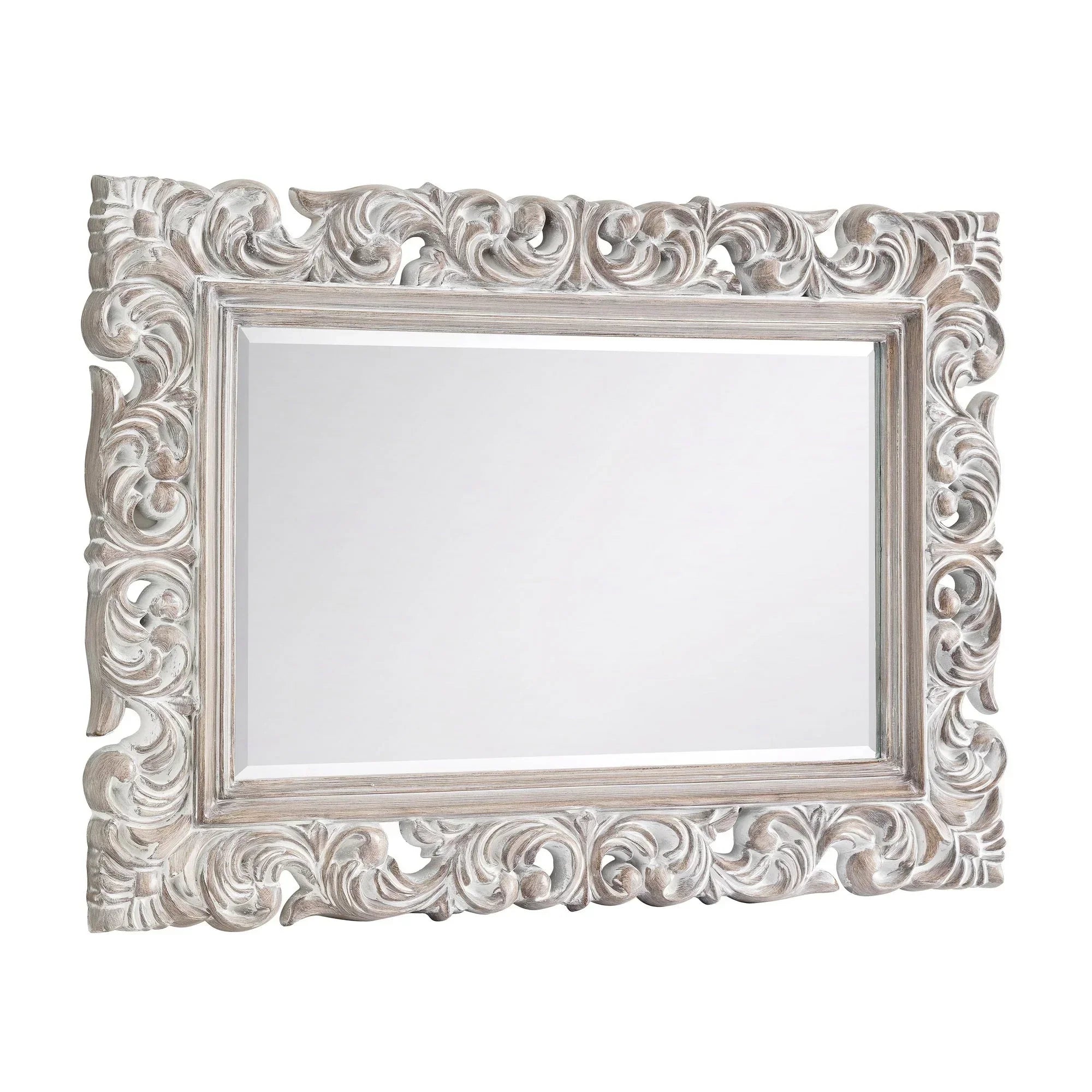 Baroque distressed wall mirror with ornate carved wood frame in whitewashed finish