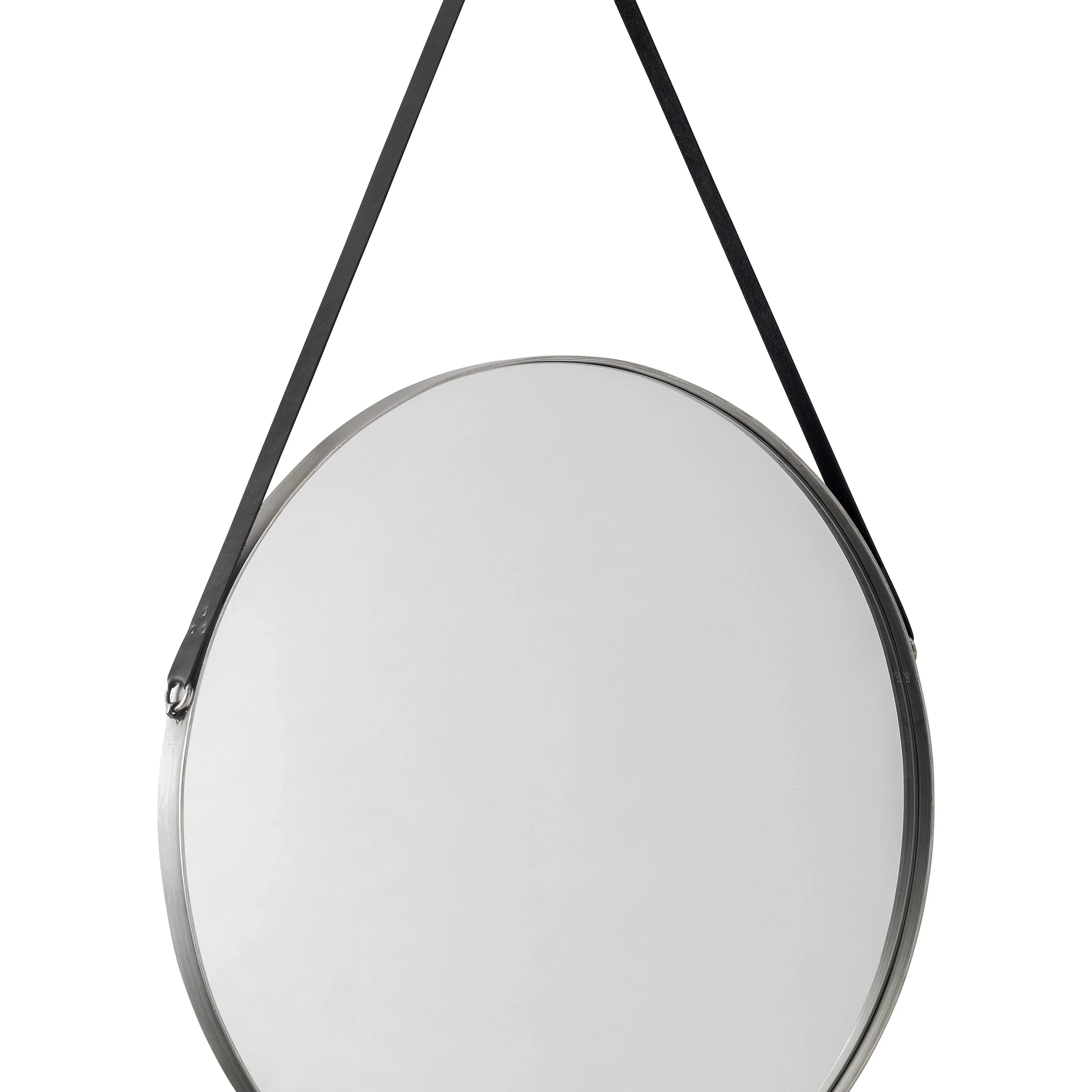 Round wall mirror with metal frame and black hanging strap against white background